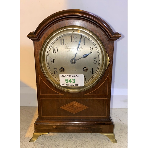 543 - An Edwardian dwarf bracket clock in inlaid mahogany arch top case, with silvered dial and French dru... 