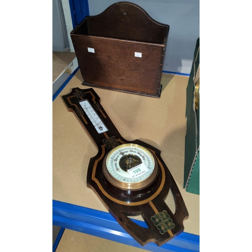 109 - An Art Nouveau banjo barometer aneroid movement, 50 cm; a 19th century candle box