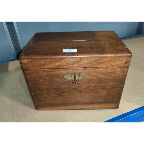 114 - A 19th century stained wood donations box with brass side handles, 30 cm
