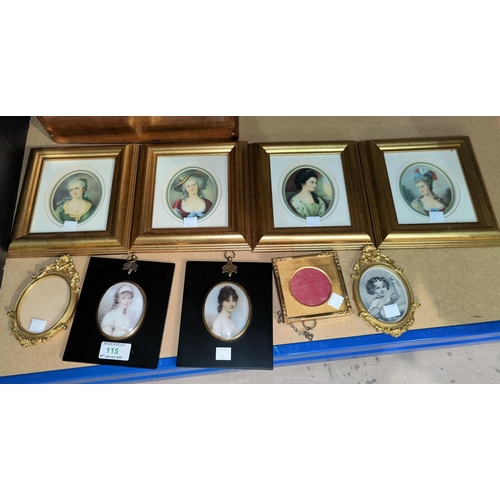 115 - A group of reproduction miniatures, gilt framed; a similar pair; 3 others