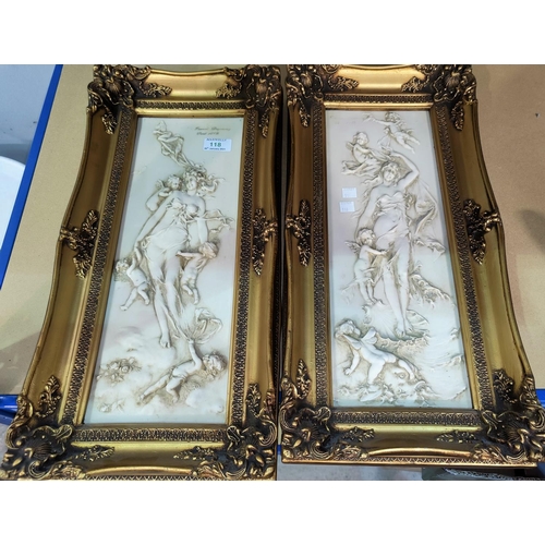 118 - A pair of composition relief rectangular pictures after François Duquesnoy, gilt framed, 54 cm