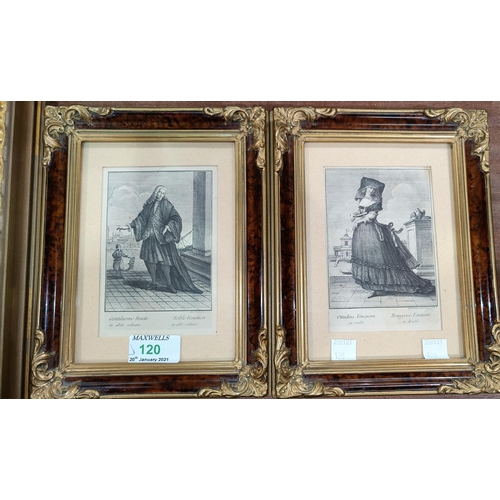 120 - A pair of 19th century engravings:  Venetian costumes, 13 x  8 cm; 2 etchings of Cambridge; 2 vintag... 