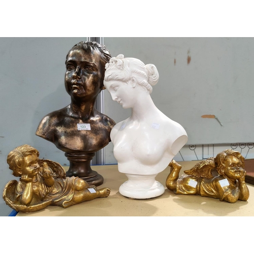 123 - A gilt composition bust of a young woman, in the antique style; a pair of similar cherubs; another b... 
