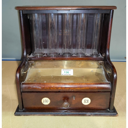 136 - A 19th century stained wood cash till with glass coin tubes and drawers, height 30 cm
