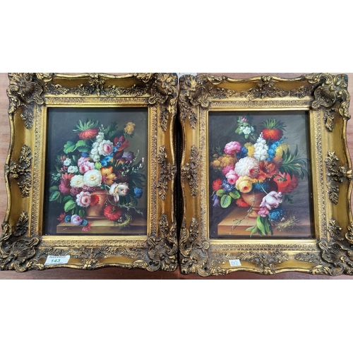 143 - A pair of modern oils on board, floral still life, 24 x 19, gilt framed