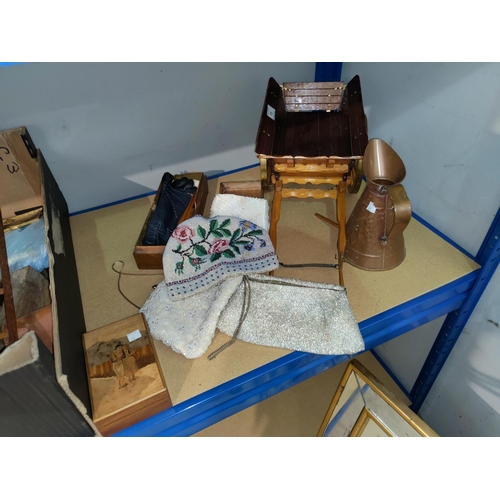 85 - A model horse drawn wagon; 4 beadwork evening bags; lace; a footstool; etc.
