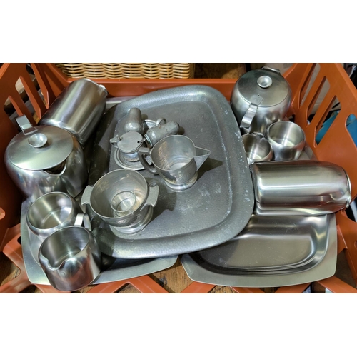 149 - An Old Hall stainless steel 4 piece tea set on tray; a similar set and a pewter tray with milk, suga... 