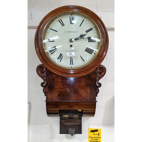 496 - An early 19th century drop dial wall clock in figured mahogany case, with single train fusee movemen... 