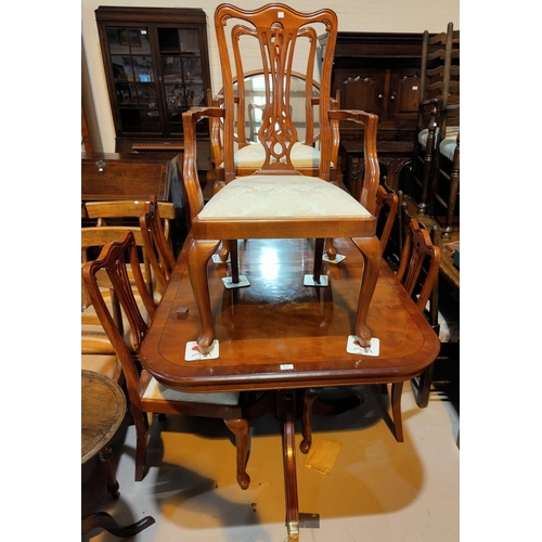 471 - A reproduction Regency yew wood dining suite the table with rectangular extending top on twin pedest... 
