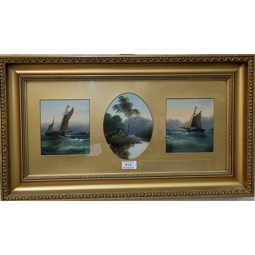 513 - 19th Century:  2 sets of 3 oils on card, landscapes and seascapes, each with central oval picture, 1... 