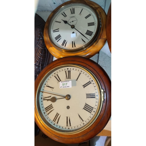 517 - A small wall clock in mahogany circular case, with single train fusee movement, diameter 28 cm; a wa... 