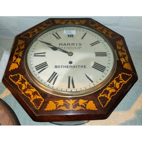 519 - A 19th century wall clock in octagonal rosewood case with marquetry leaf and flower inlay, single tr... 