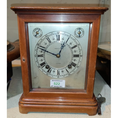 522 - A 20th century mantel clock in mahogany 4 glass case, with key wound balance spring movement and tin... 