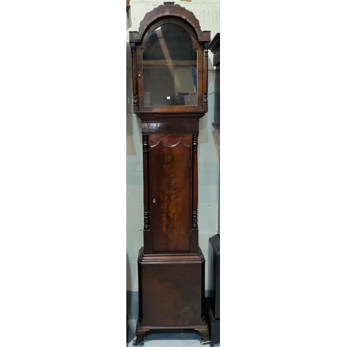529 - A Georgian mahogany longcase clock case, the arched hood with fretwork pediment and turned side colu... 