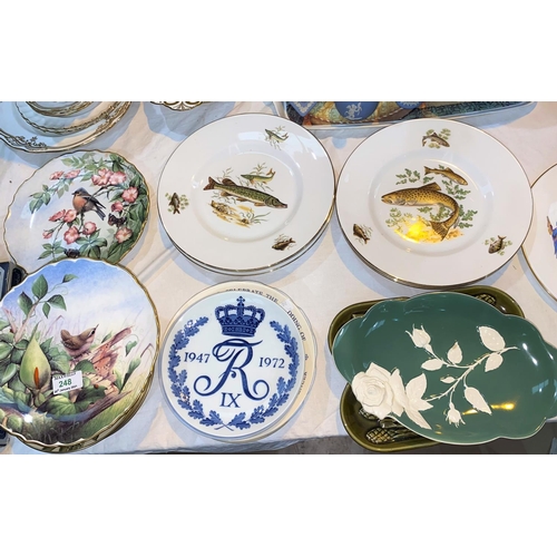 248 - A pair of Spode plates decorated with birds; 6 fish plates; other decorative plates