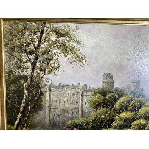 440 - J Vancouver Hermanus II Koekkoek:  Warwick castle with river and cottages in the foreground, oil on ... 