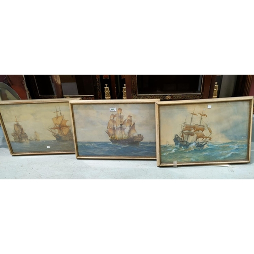 446 - James W Milliken (1887-1930):  3 masted sailing ships, set of 3 watercolours, signed, 33 x 48, frame... 