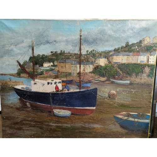 450a - John Carpenter: Large oil on canvas of a harbour scene, unframed