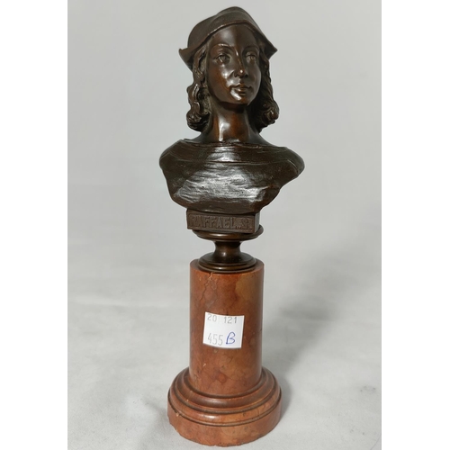 455B - A classical style bronze bust 'Raffael S', on turned red marble column, overall height 20cm