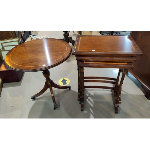 676 - A Georgian style crossbanded mahogany nest of trio tables and pedestal occasonal table