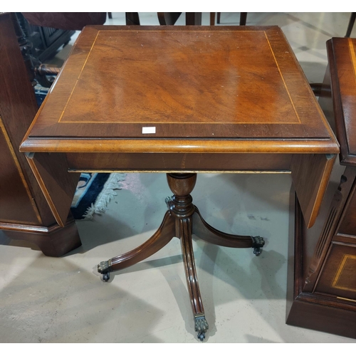 681 - A Georgian style crossbanded mahogany drop leaf occasional table on pedestal base