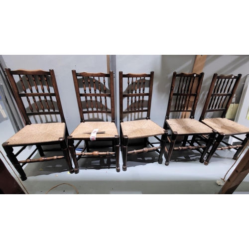 686 - A 19th century set of 6 country made elm dining chairs with spindle backs and rush seats (some seat ... 