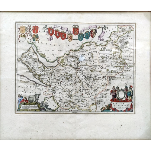 422 - A 17th/18th hand coloured map of Cheshire, 37 x 49 cm, framed and glazed