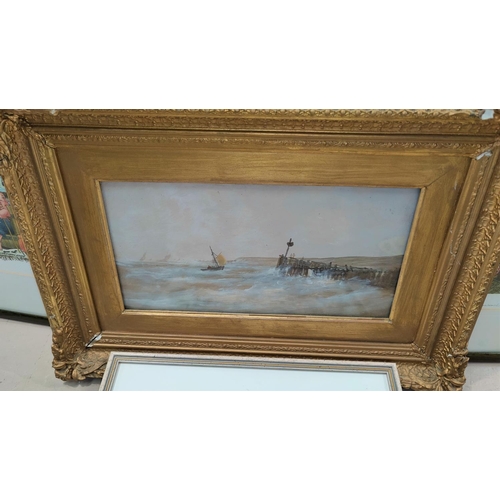 447a - Early 20th Century:  Sailing dinghy in choppy seas, watercolour, 16 x 30 cm, framed and glazed; a pa... 