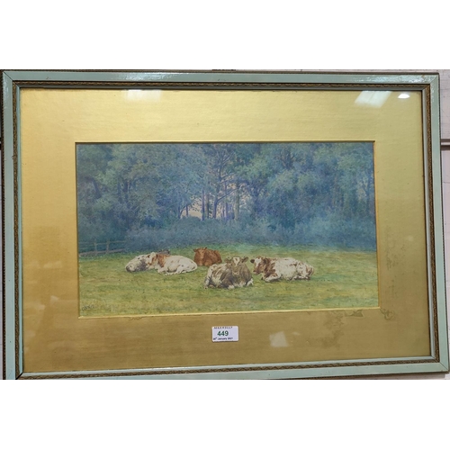 449A - C E Bentley:  Cattle lying down in a field, watercolour, signed, 25 x 44, framed; Rural landscape, w... 