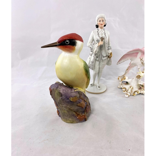 236 - A Royal Crown Derby pink bird;a Royal Worcester woodpecker; an 18th century style Austrian figure; e... 