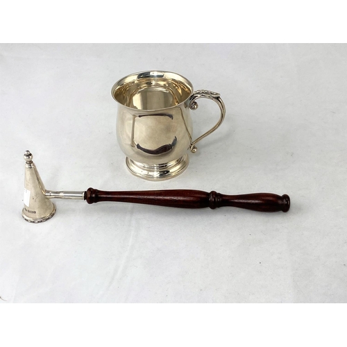271 - A silver baluster shaped christening mug, 4.1oz and a silver candle snuffer with turned hardwood han... 
