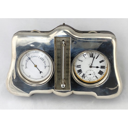 277 - A silver mounted desk top compendium with thermometer, barometer and 8 day Brevet watch, folding eas... 
