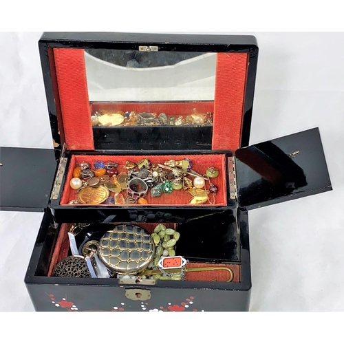 378 - A lacquer jewellery box and a selection of costume jewellery