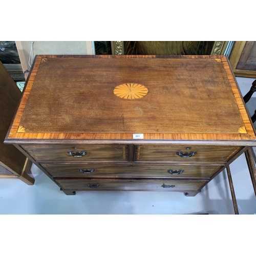 503 - An Edwardian small crossbanded chest of 2 long and 2 short drawers with brass swan neck handles, on ... 