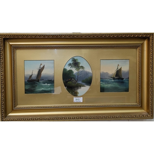 422 - 19th Century:  2 sets of 3 oils on card, landscapes and seascapes, each with central oval picture, 1... 