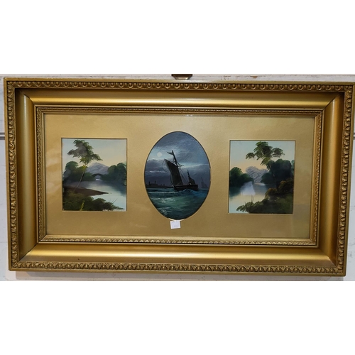 422 - 19th Century:  2 sets of 3 oils on card, landscapes and seascapes, each with central oval picture, 1... 