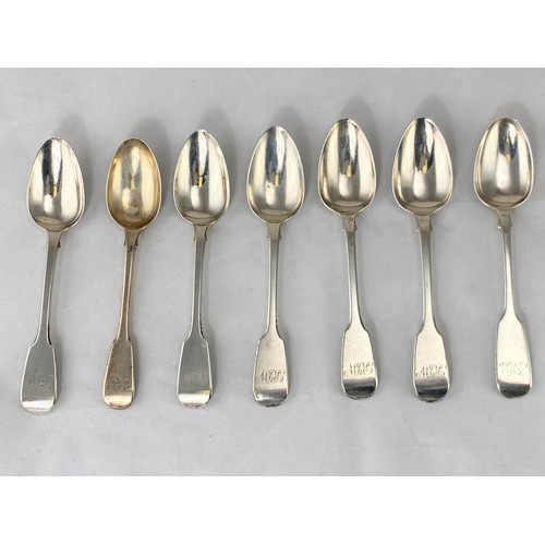 258 - Seven Fiddle pattern monogrammed teaspoons, London 1803 - 1811, makers William Ely & William Fearn, ... 