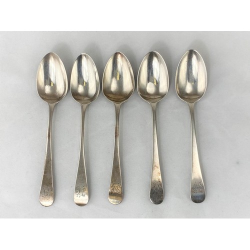 260 - Five monogrammed Old English pattern teaspoons, London 1803 - 1811, 2.5oz. / 80gm