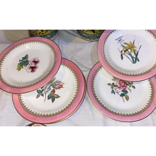 247 - Two 19th century part sets of dessert plates with hand painted polychrome decoration (1 blue bordere... 