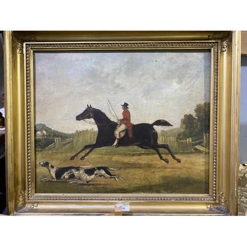 436 - 19th century huntsman at a gallop with 2 hounds oil on canvas, unsigned 46 x 56cm framed