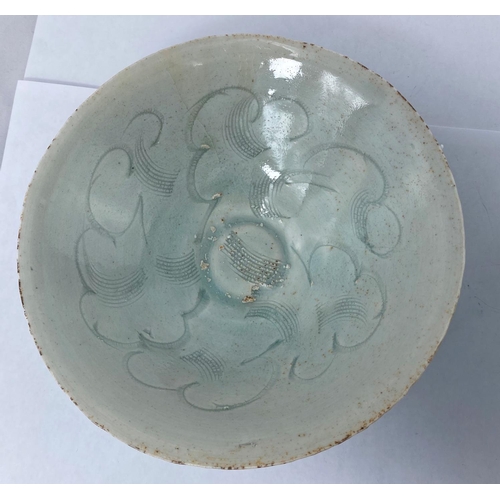 136 - Two Chinese pale duck egg colour glaze bowls, one with extensive crazing to glaze, concentric patter... 