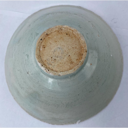 136 - Two Chinese pale duck egg colour glaze bowls, one with extensive crazing to glaze, concentric patter... 