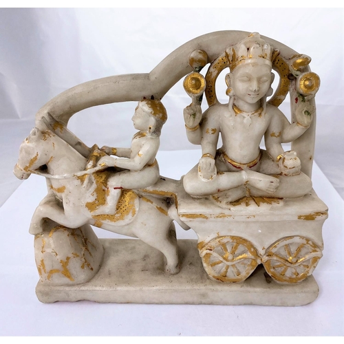 142 - A 19th century Indian carved alabaster group , a deity pulled on chariot with gilt highlighting, len... 