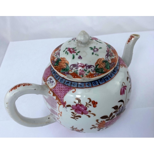 144 - Two Chinese famille rose tea pots with floral decoration, both 21cm length, one handle pinned and re... 