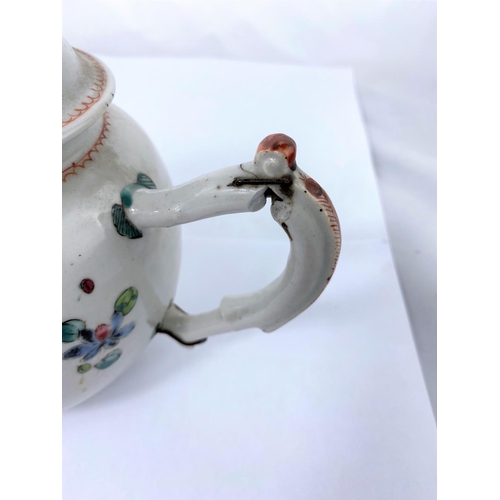 144 - Two Chinese famille rose tea pots with floral decoration, both 21cm length, one handle pinned and re... 