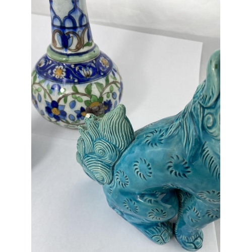161 - A Chinese turquoise ceramic figure of a Dog Of Fo and 2 Oriental vases, 20cm, 31cm and 14cm