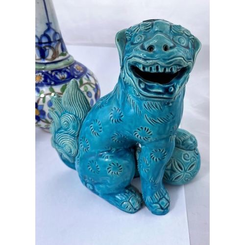 161 - A Chinese turquoise ceramic figure of a Dog Of Fo and 2 Oriental vases, 20cm, 31cm and 14cm
