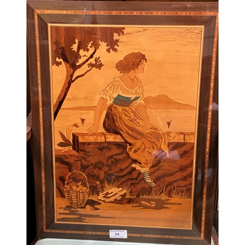 34 - An Italian inlaid wooden Sorrento picture of a woman watching boats at sea 51x38cm