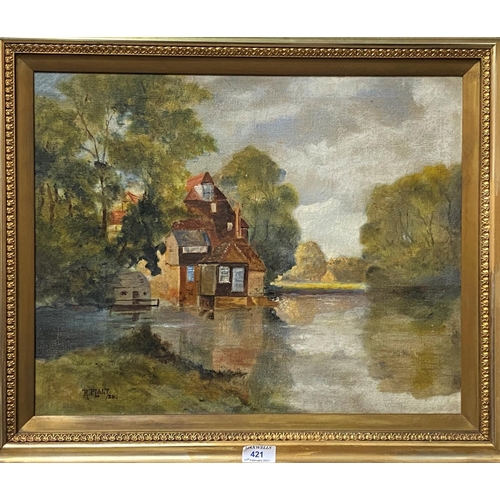 421 - R Plant:  Impressionistic landscape with house and river, oil on canvas, signed, 39 x 49 cm, framed