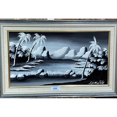 438 - J D Mutale: monochrome oil of a tropical rocky beach with palm trees and mountains in the background... 